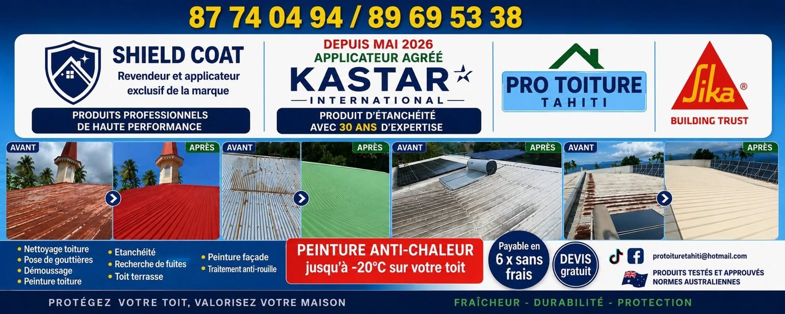 Bannière Pro Toiture Tahiti montrant des toitures avant et après peinture et nettoyage